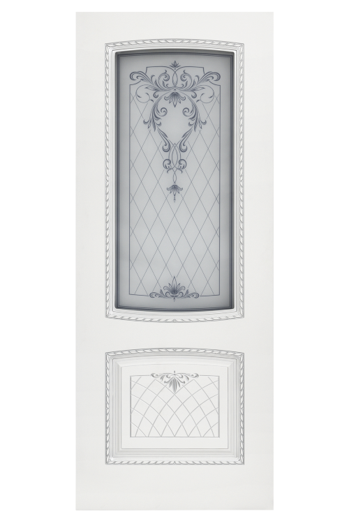 Межкомнатная дверь СИМФОНИЯ 2 В3 (остекленное) - белая, патина серебро